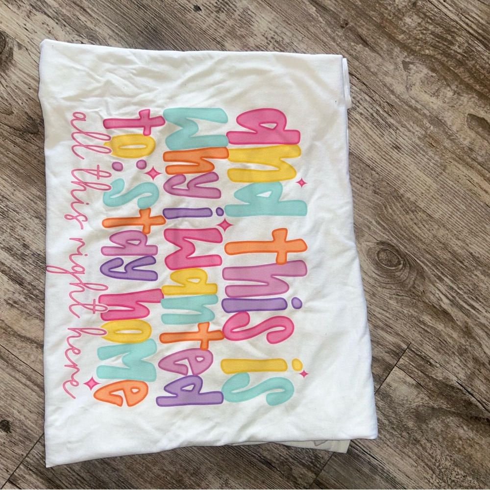 Gildan White Tee with Colorful Text Design